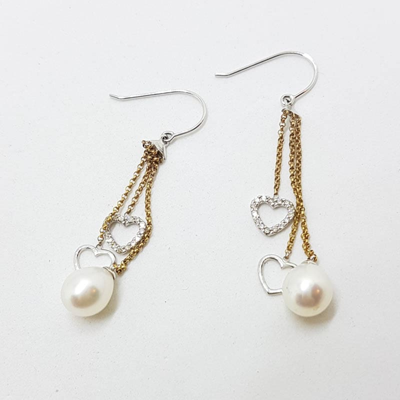 20200719_123834 9ct Yellow Gold with White Gold Pearl & Diamond Heart Long Drop Earrings