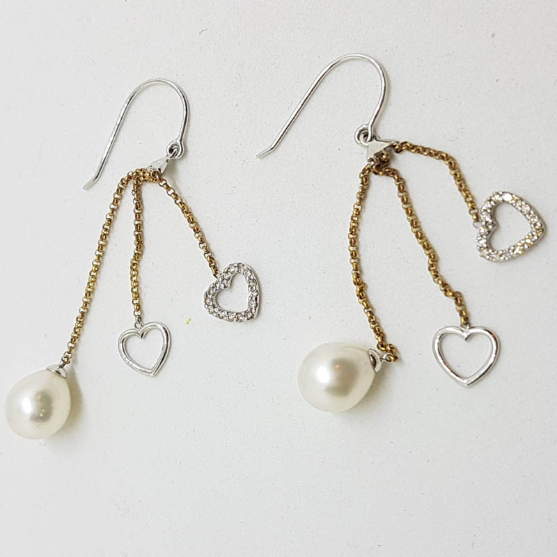 20200719_123850 9ct Yellow Gold with White Gold Pearl & Diamond Heart Long Drop Earrings