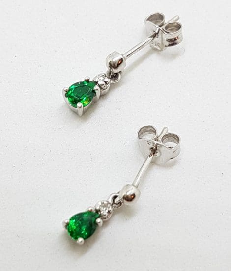 9ct White Gold Teardrop Shape Created Emerald Drop Earrings