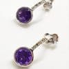 9ct White Gold Round Amethyst and Diamond Stud Drop Earrings
