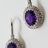9ct White Gold Oval Amethyst and Diamond Drop Earrings