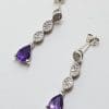 9ct White Gold Amethyst and Diamond Long Drop Earrings