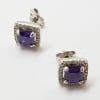 9ct White Gold Amethyst and Diamond Square Stud Earrings