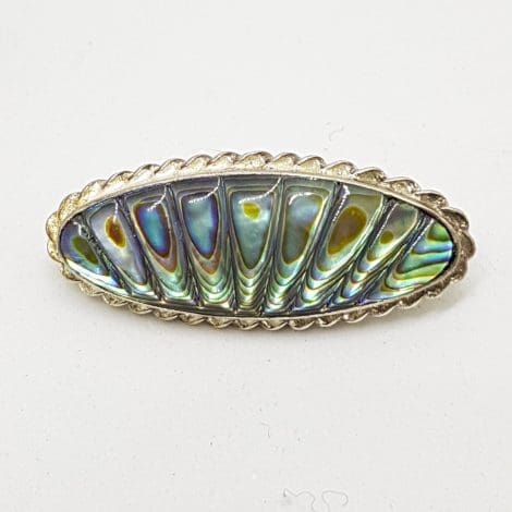 Sterling Silver Oval Paua Shell Brooch - Ornate Carved