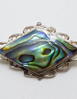 Sterling Silver Paua Shell Brooch - Ornate Marquis Shape