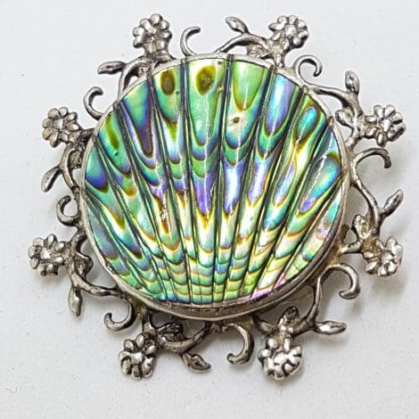 Sterling Silver Vintage Paua Shell Brooch – Ornate Floral Round