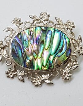 Sterling Silver Vintage Paua Shell Brooch – Ornate Floral Oval