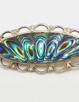Sterling Silver Vintage Paua Shell Brooch – Ornate Floral Oval