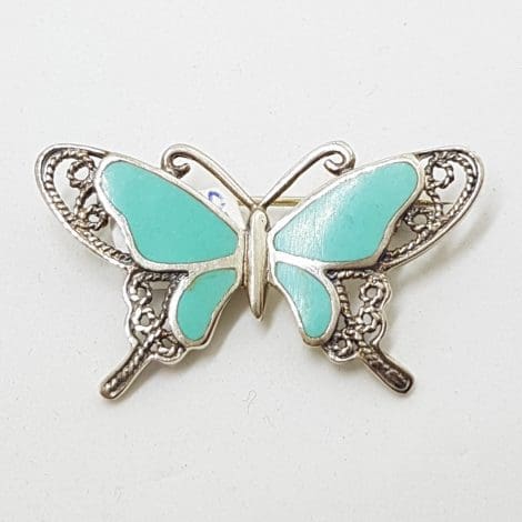 Sterling Silver Ornate Filigree Blue Butterfly Brooch