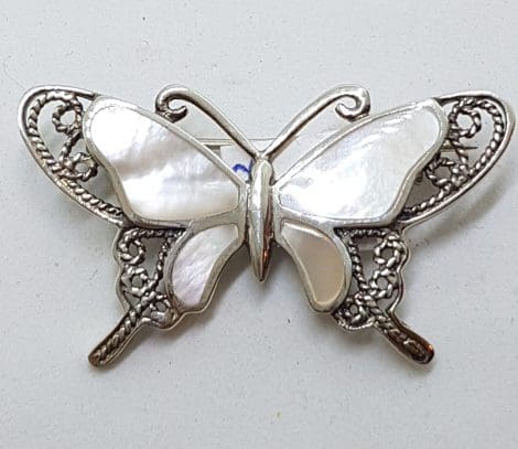Sterling Silver Ornate Filigree Mother of Pearl Butterfly Brooch
