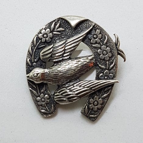 Sterling Silver Swallow / Blue Bird in Ornate Horseshoe Brooch