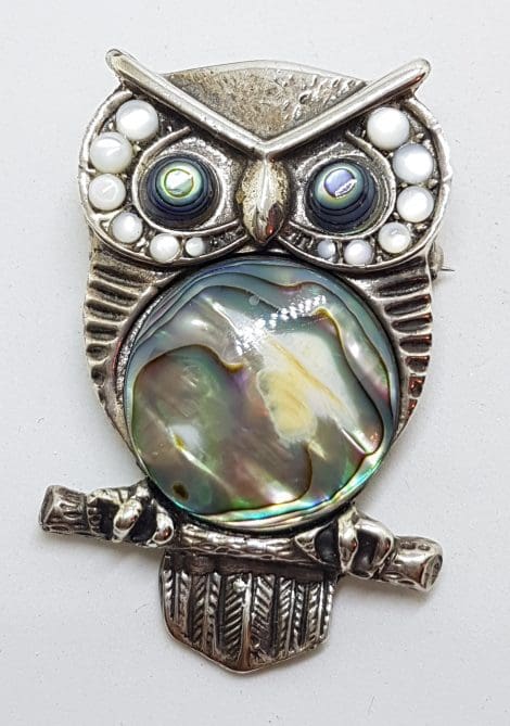 Sterling Silver Very Large Mother of Pear & Paua Shelll Owl Bird Brooch