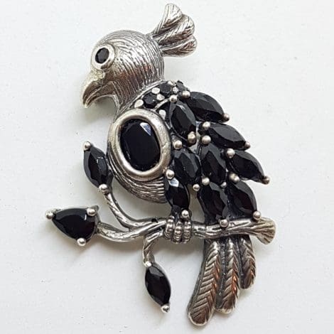 Sterling Silver Black Stone Bird on a Branch Brooch