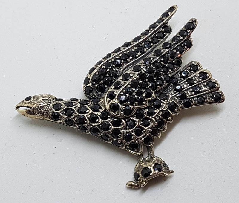 Sterling Silver Large Black Stone Eagle / Bird Brooch