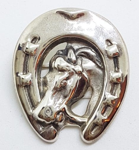 Sterling Silver Horse Head in Horseshoe Brooch