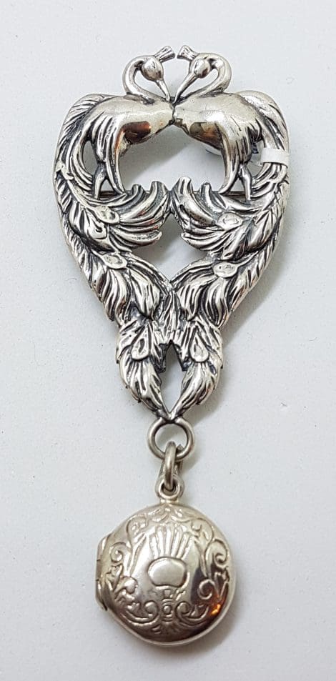 Sterling Silver Large Ornate 2 Peacock Birds Brooch with Locket Charm