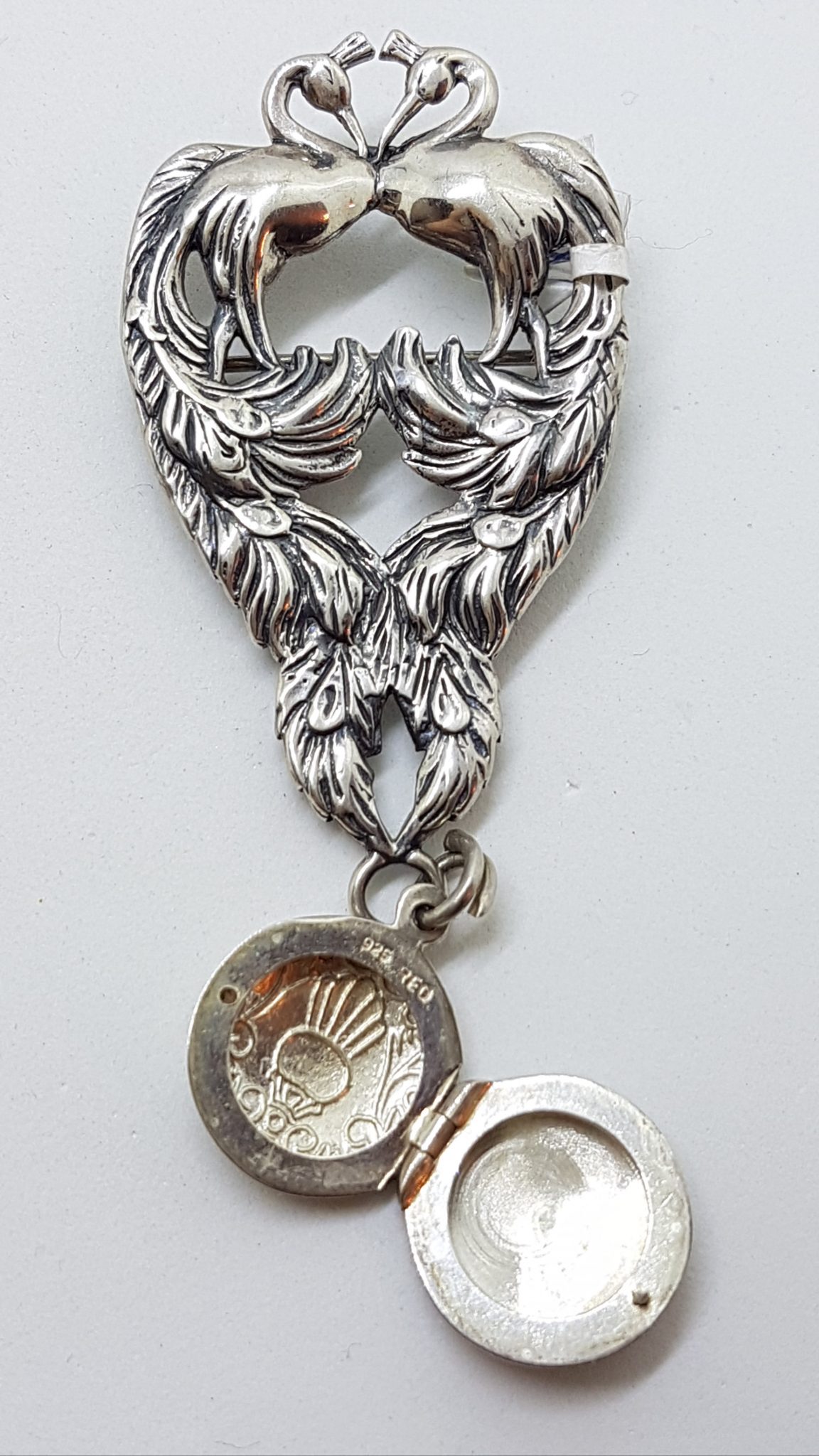 20200720_112929 Sterling Silver Large Ornate 2 Peacock Birds Brooch with Locket Charm