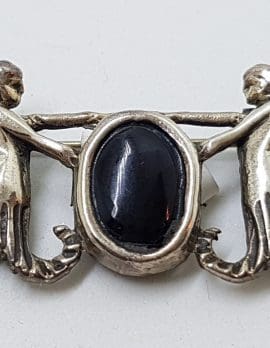 Sterling Silver Oval Onyx with Two Angels Brooch