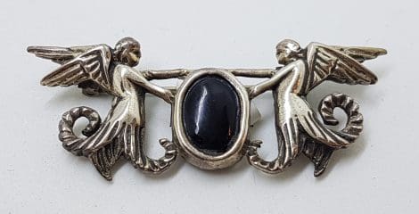 Sterling Silver Oval Onyx with Two Angels Brooch
