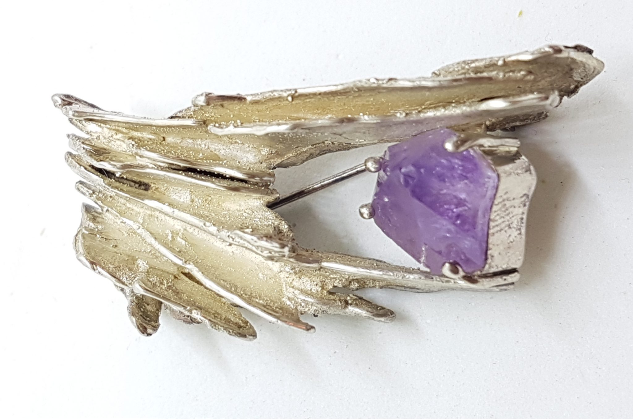 20200720_113236 Sterling Silver Large & Heavy Amethyst Unusual Design Brooch