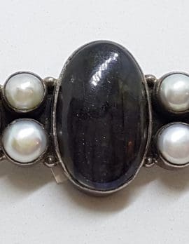 Sterling Silver Labradorite and Pearl Large & Long Bar Brooch