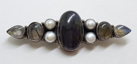 Sterling Silver Labradorite and Pearl Large & Long Bar Brooch