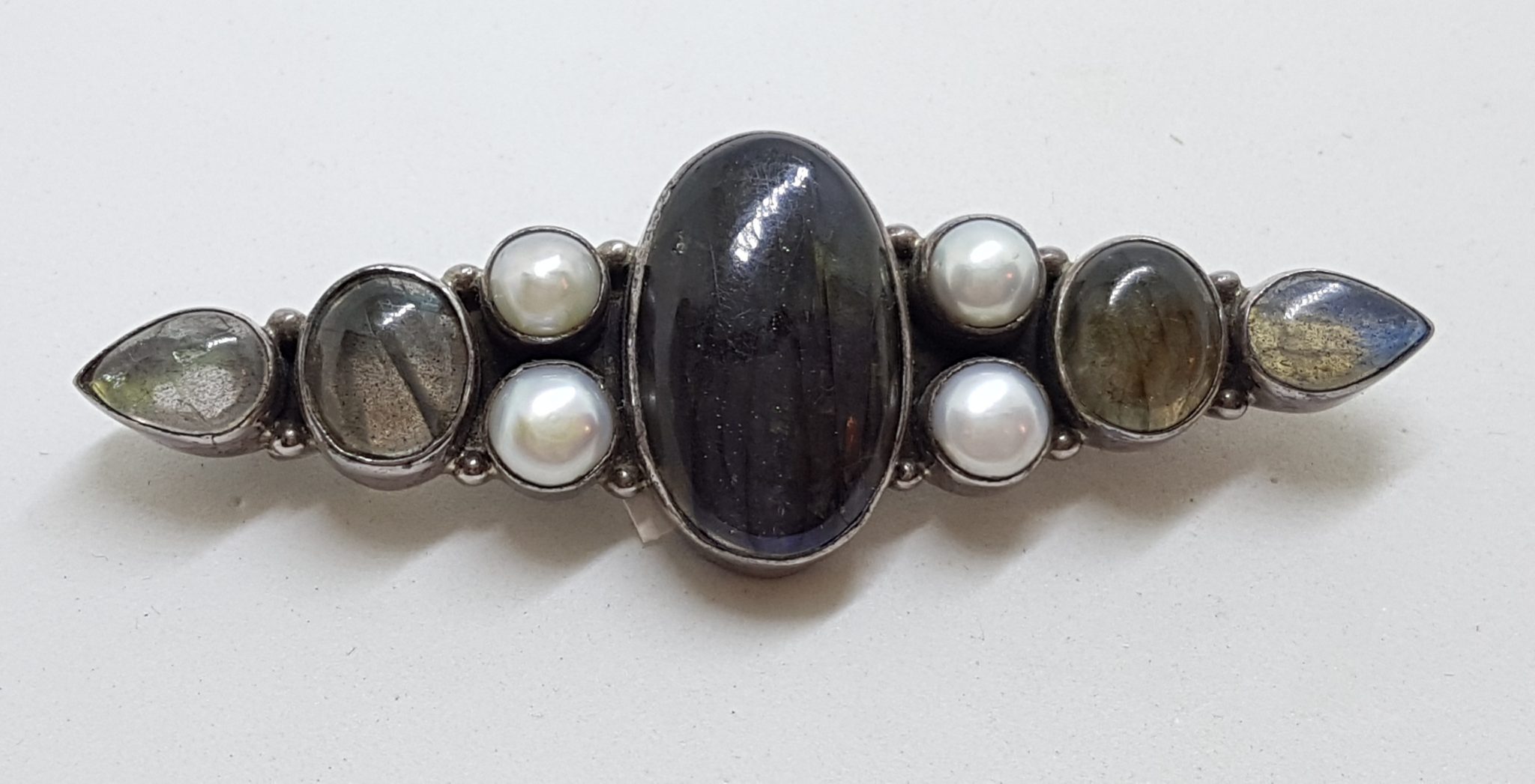 Sterling Silver Labradorite and Pearl Large & Long Bar Brooch