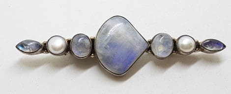 Sterling Silver Moonstone and Pearl Large & Long Bar Brooch