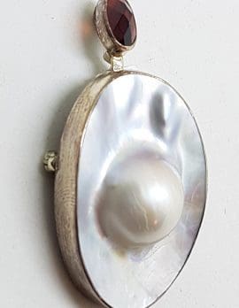 Sterling Silver Large Oval Mabe Pearl and Garnet Brooch / Pendant