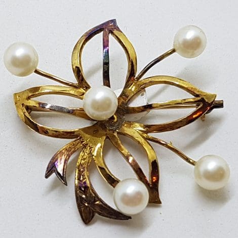 Sterling Silver & Gold Plated Pearl Flower Spray Brooch - Vintage