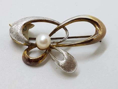 Sterling Silver Pearl Bow Brooch - Vintage