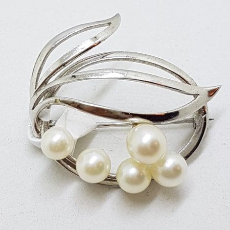 Sterling Silver Pearl Ornate Swirl Cluster Brooch - Vintage