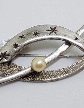 Sterling Silver Pearl Large Ornate Swirl Brooch - Vintage