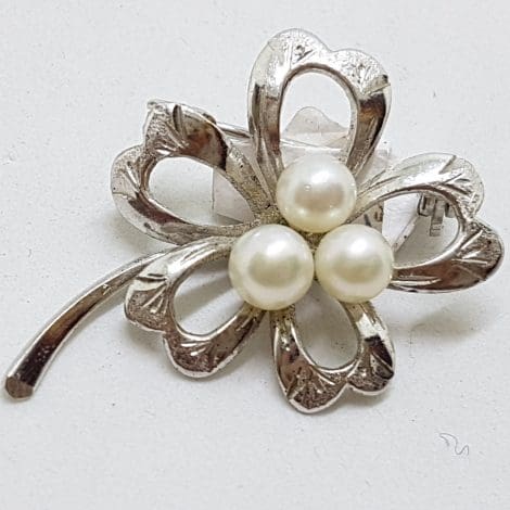 Sterling Silver Pearl Flower Brooch - Vintage
