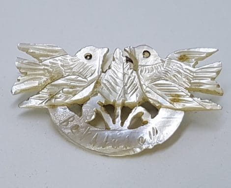 Mother of Pearl Carved Two Birds Brooch - Ornate and Engraved