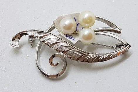 Sterling Silver Pearl Large Ornate Swirl Brooch - Vintage