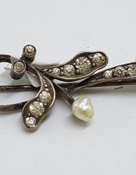 Sterling Silver Pearl and Cubic Zirconia Bar Brooch - Vintage