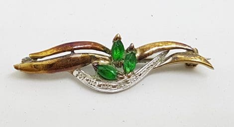 Sterling Silver and Gold Plated Green Cluster Bar Brooch