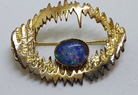 Sterling Silver & Gold Plated Oval Opal Triplet Brooch - Vintage