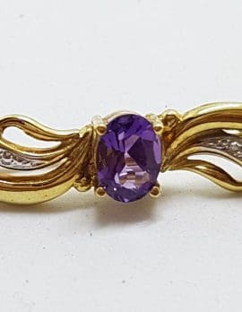 Sterling Silver and Gold Plated Amethyst Bar Brooch - Vintage