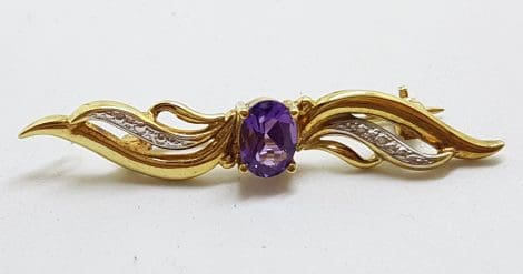 Sterling Silver and Gold Plated Amethyst Bar Brooch - Vintage