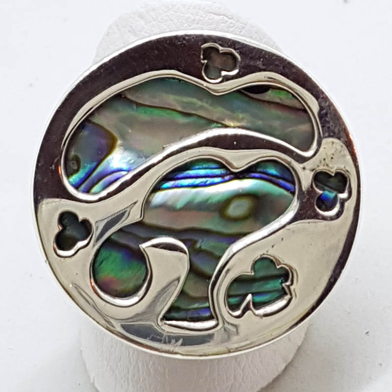 Sterling Silver Large Round Paua Shell Tree of Life Ring