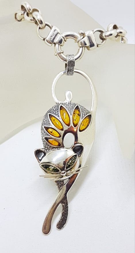 Sterling Silver Large & Long Natural Baltic Amber Cat Pendant on Thick Belcher Chain / Necklace