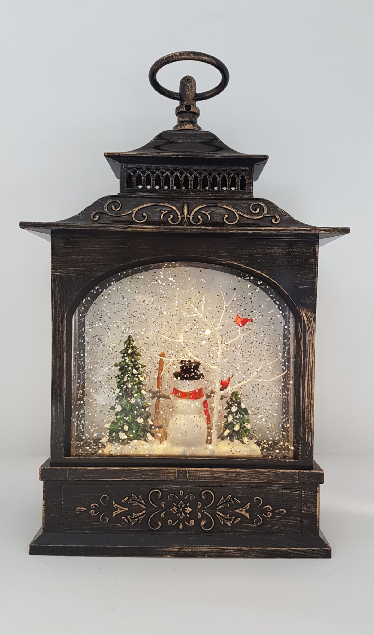 Christmas Glitter Snowglobe Lantern - Snowman & Cardinal Bird on a Tree - Ornament