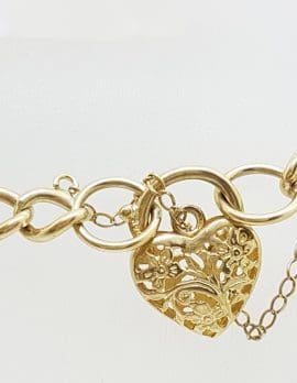 9ct Yellow Gold Open Curb Link Bracelet with Ornate Filigree Heart Padlock Clasp