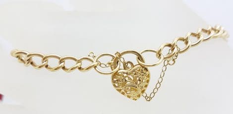 9ct Yellow Gold Open Curb Link Bracelet with Ornate Filigree Heart Padlock Clasp