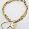 9ct Yellow Gold 3 Row Gate Link Bracelet with Heart Padlock Clasp - Antique / Vintage