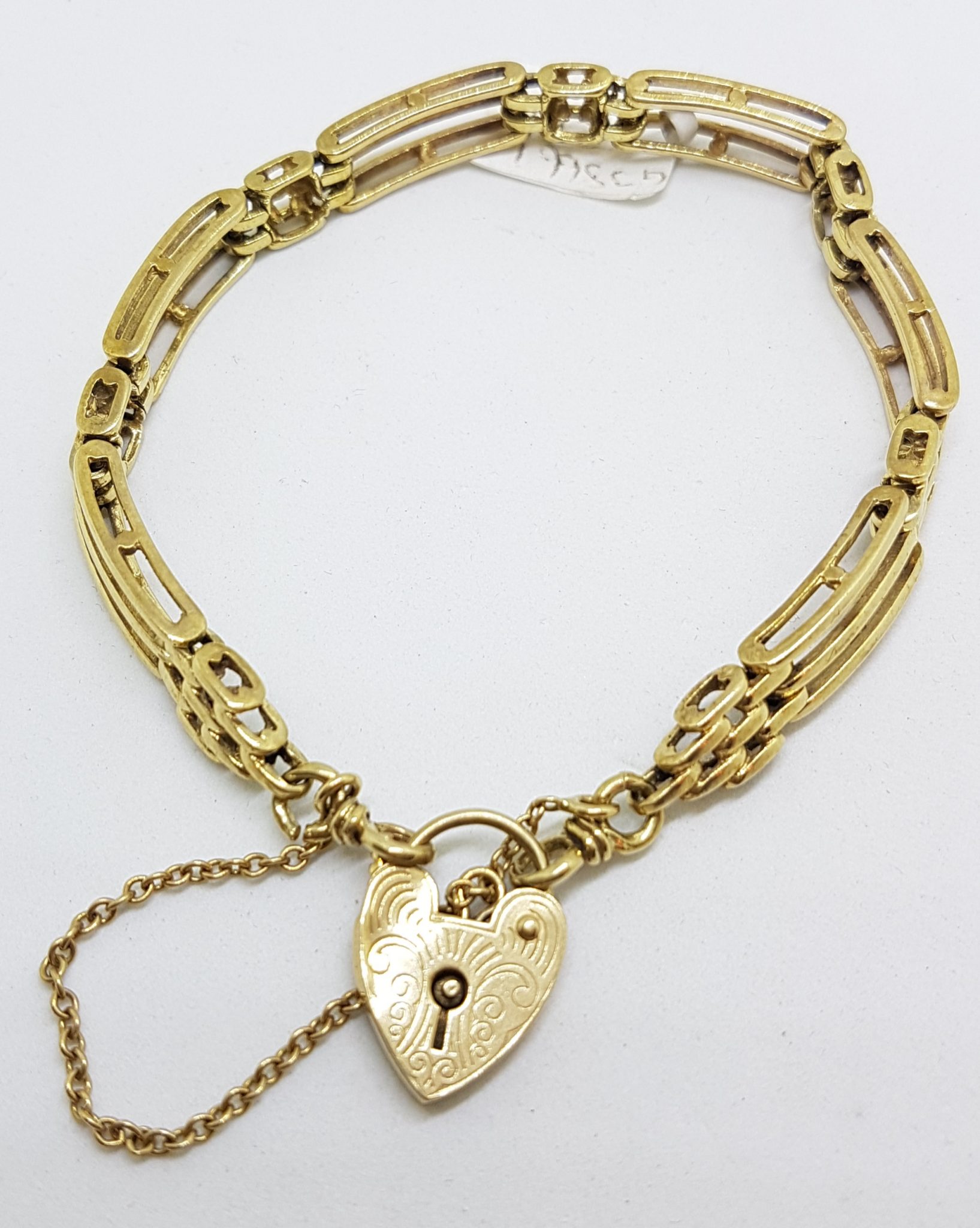9ct Yellow Gold 3 Row Gate Link Bracelet with Heart Padlock Clasp - Antique / Vintage