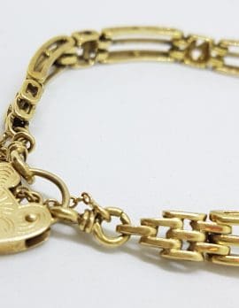 9ct Yellow Gold 3 Row Gate Link Bracelet with Heart Padlock Clasp - Antique / Vintage
