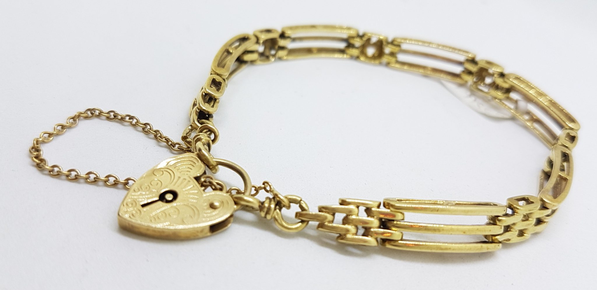 9ct Yellow Gold 3 Row Gate Link Bracelet with Heart Padlock Clasp - Antique / Vintage